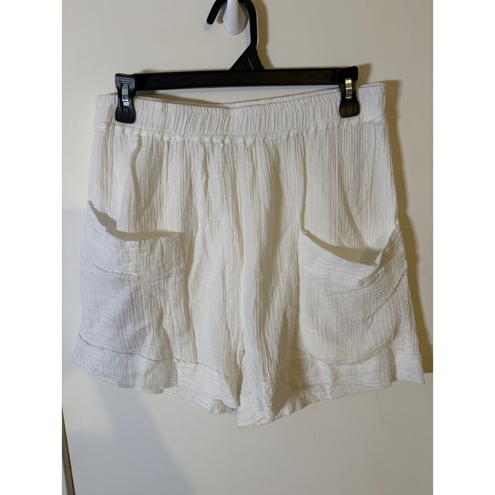 Deja Blue Premium Womens White Cotton Gauze Elastic Waist Patch Pocket Shorts XL